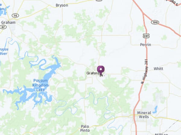 Map marking Graford near Possum Kingdom Lake and Mineral Wells.