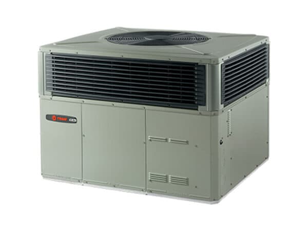 Trane packaged HVAC unit with a top-mounted fan.